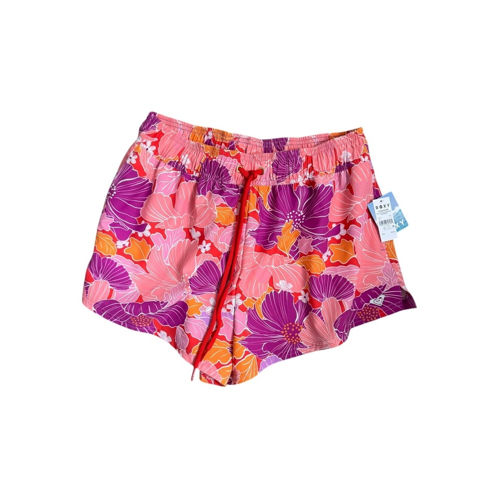 Roxy Bell Bottom Blooms Swim Board Shorts Pink Purple Floral Women's Size L NEW